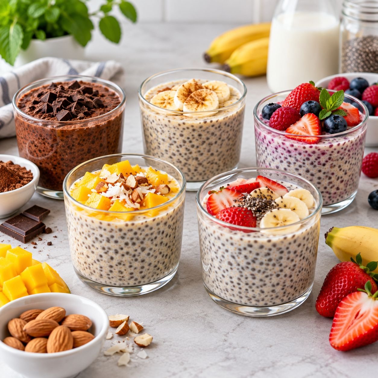 Variações de pudim de chia com chocolate, banana, frutas vermelhas e frutas frescas