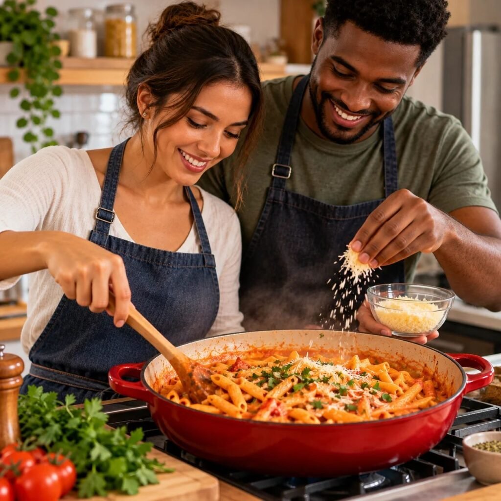 Casal jovem preparando macarrão cremoso de uma panela só, com a mulher mexendo a massa e o homem adicionando queijo parmesão.