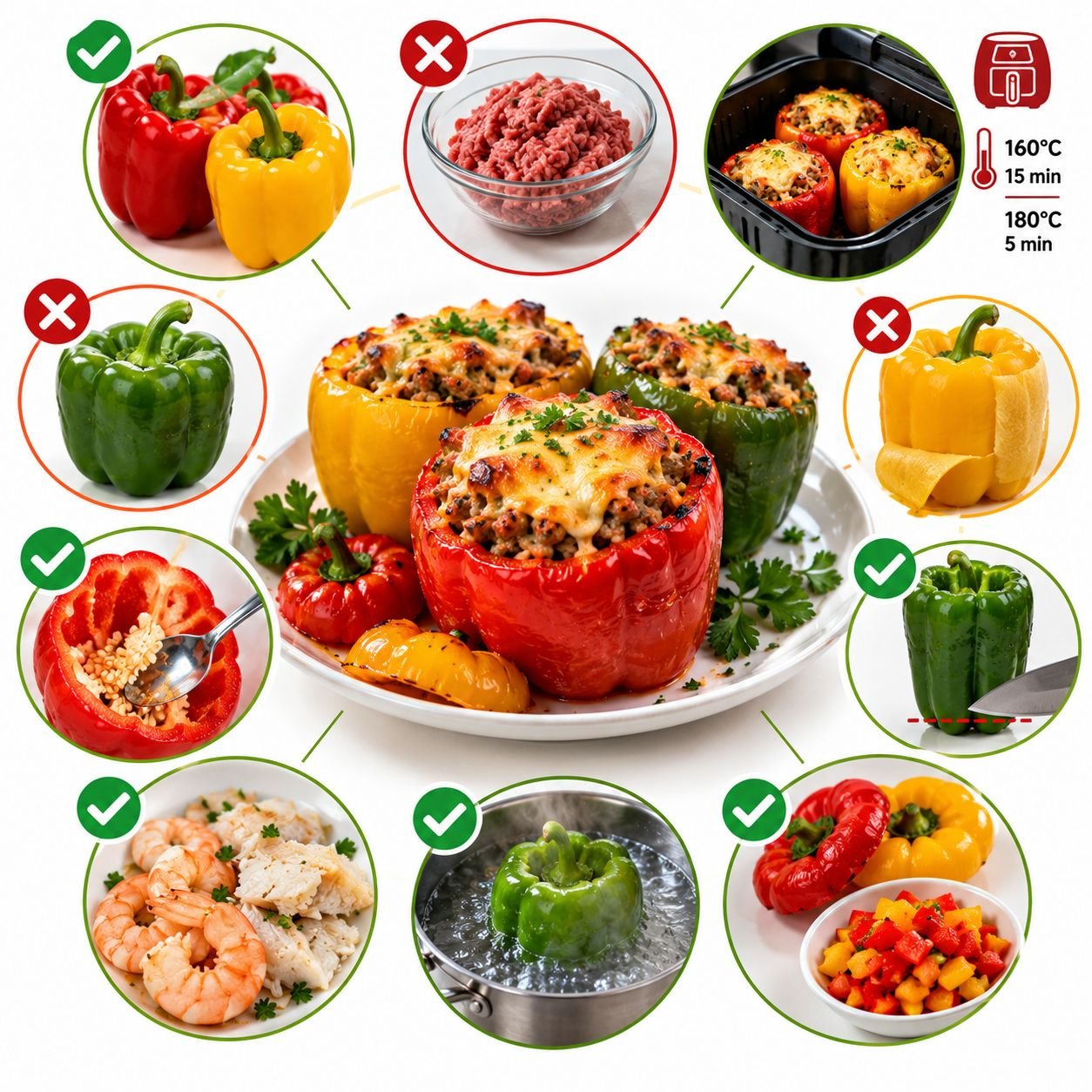 Infográfico ilustrado com pimentões recheados, escolha das cores, retirada das sementes, preparo na Airfryer, pré-cozimento e opções de recheio.
