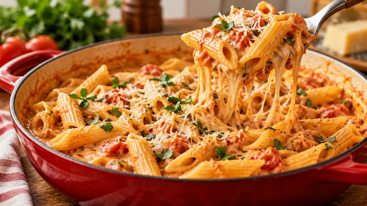 Macarrão cremoso de uma panela só com penne, molho de tomate, queijo derretido e ervas frescas.