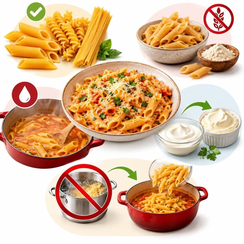 Infográfico ilustrado sobre macarrão de uma panela só, mostrando tipos de massas, substituição do creme de leite, controle do molho e preparo direto na panela.