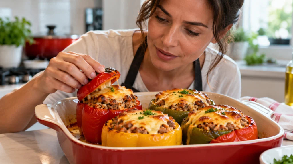 Pimentões vermelhos, amarelos e verdes recheados com carne moída, arroz e queijo gratinado em uma assadeira, enquanto uma mulher verifica o preparo. - Pimentão Recheado